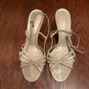 Michelle D Gold Ankle Strap Kitten Heels